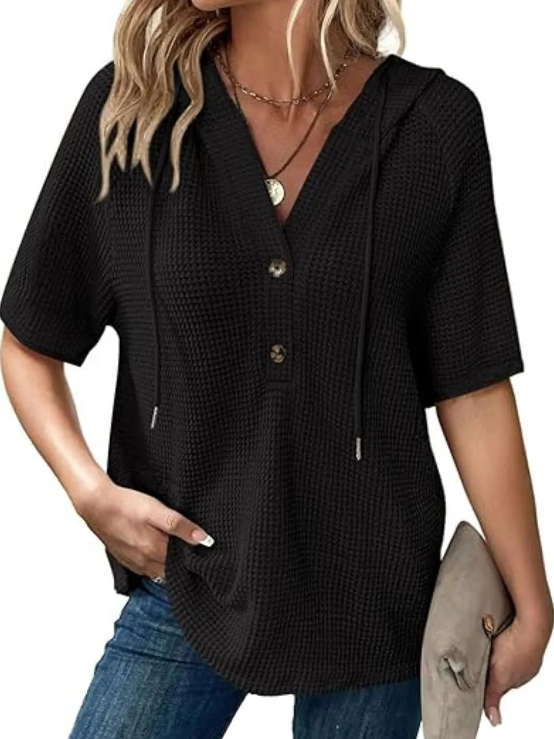 Drawstring waffle-knit short sleeve hooded top with buttons.