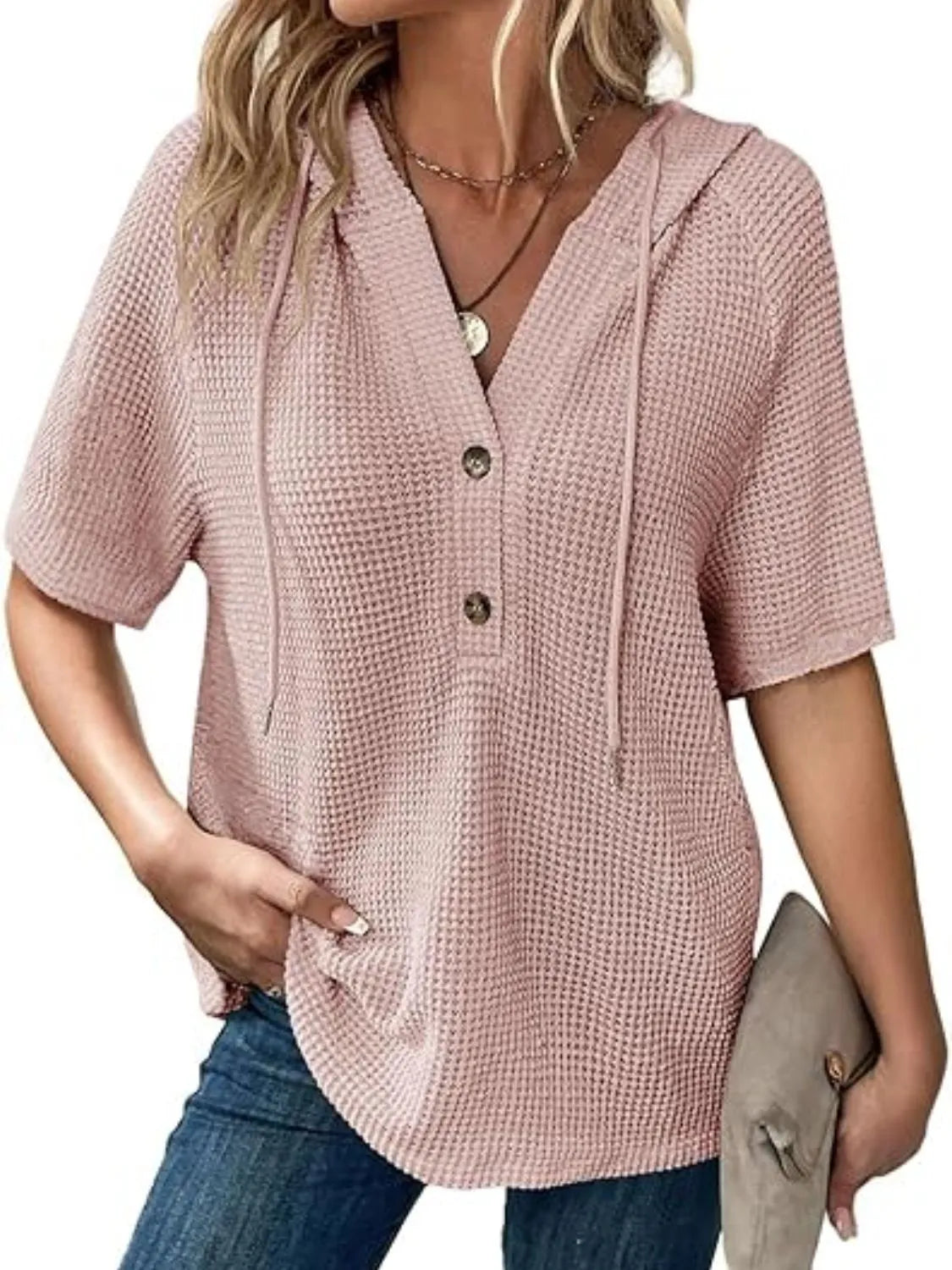 Drawstring waffle-knit short sleeve hooded top with buttons.