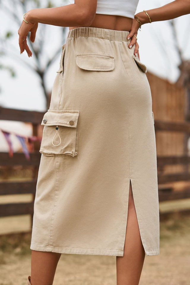 Drawstring Waist Slit Denim Skirt.