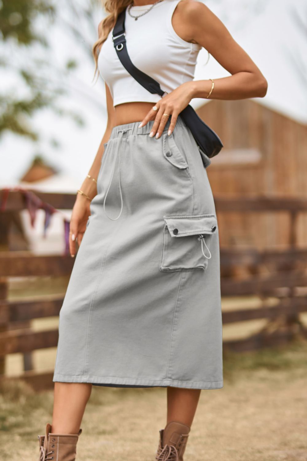 Drawstring Waist Slit Denim Skirt.