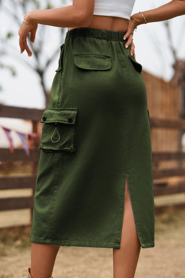 Drawstring Waist Slit Denim Skirt.
