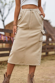 Drawstring Waist Slit Denim Skirt.