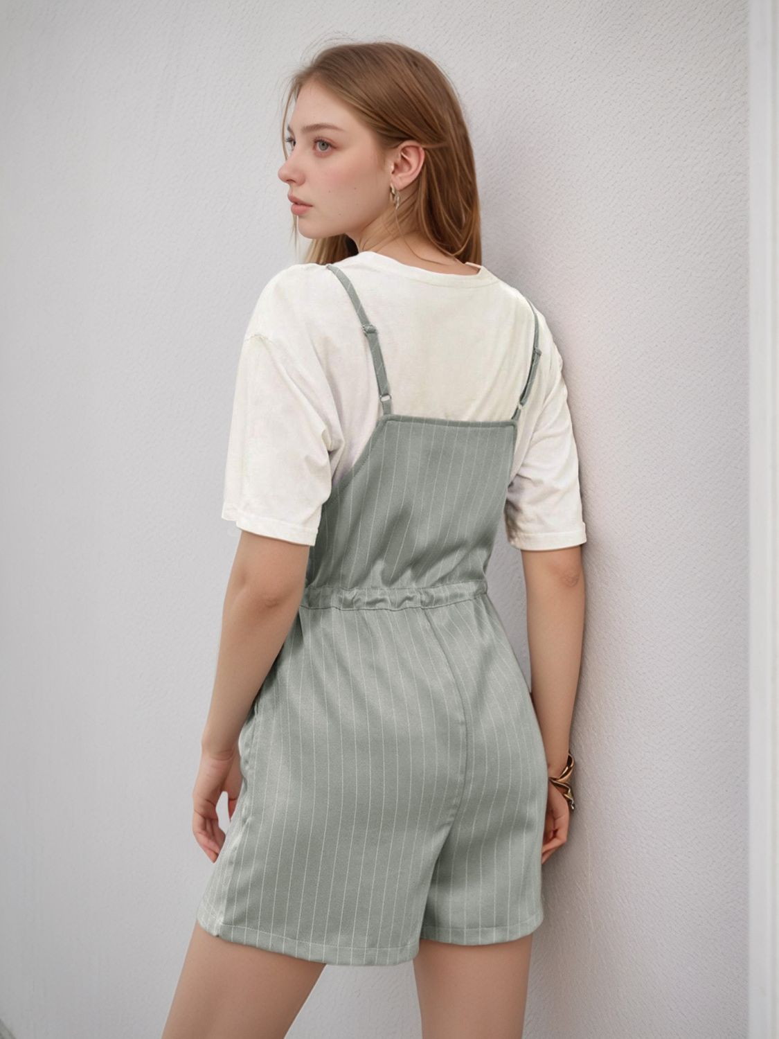 Drawstring Waist Striped Overalls with Pockets.