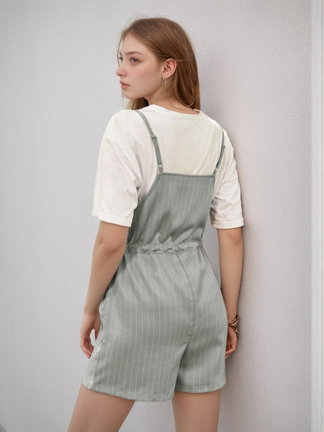 Drawstring Waist Striped Overalls with Pockets.