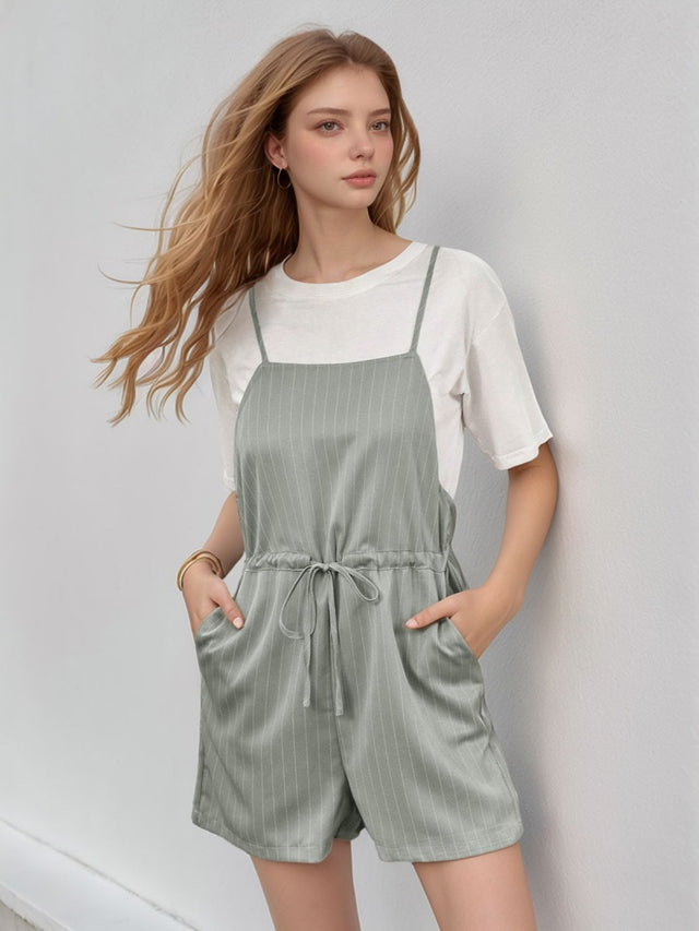 Drawstring Waist Striped Overalls with Pockets.