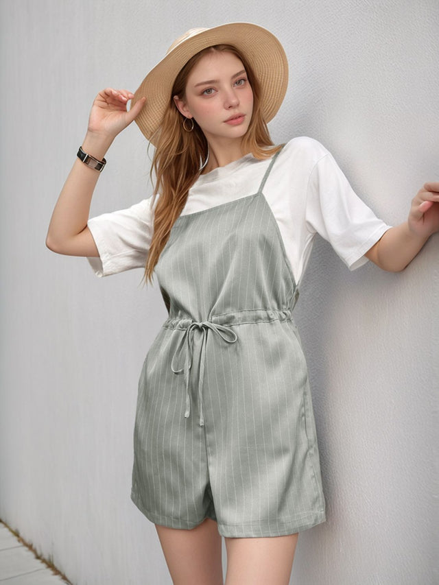 Drawstring Waist Striped Overalls with Pockets.