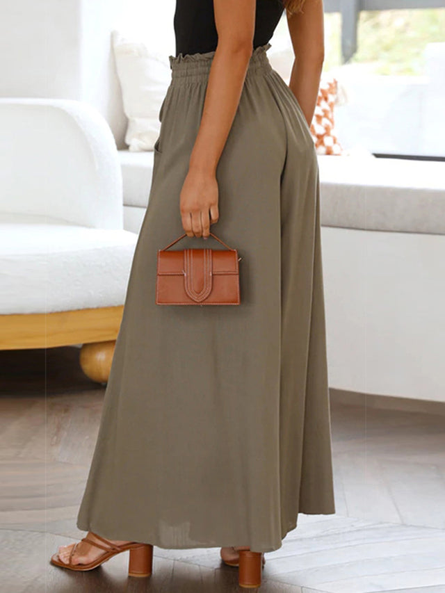 Drawstring waist wide leg pants, solid fashion style with tie.