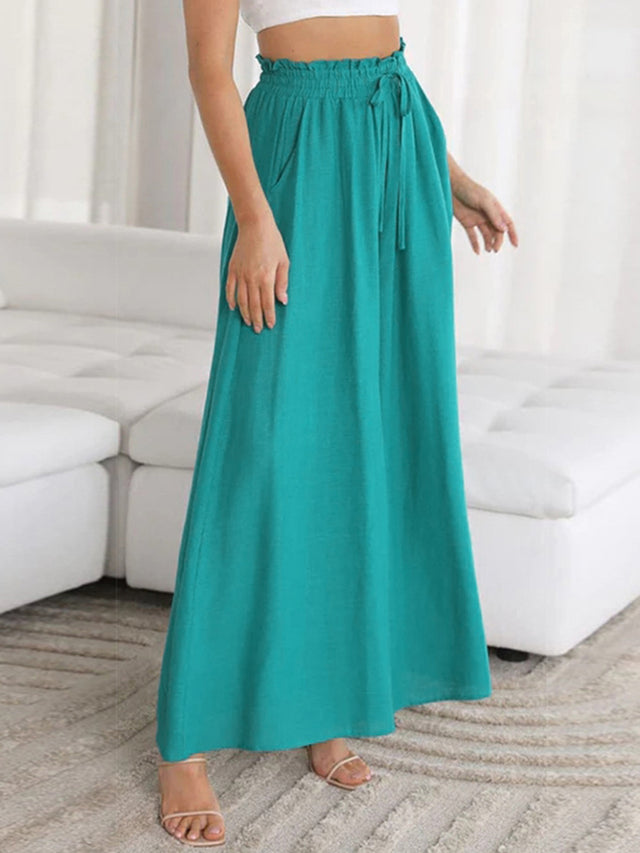 Drawstring waist wide leg pants, solid fashion style with tie.