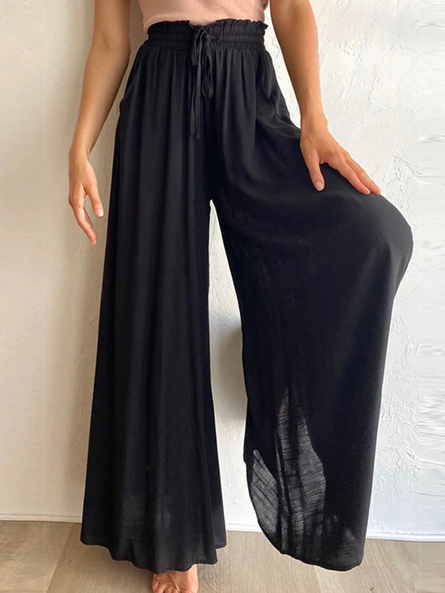 Drawstring waist wide leg pants, solid fashion style with tie.