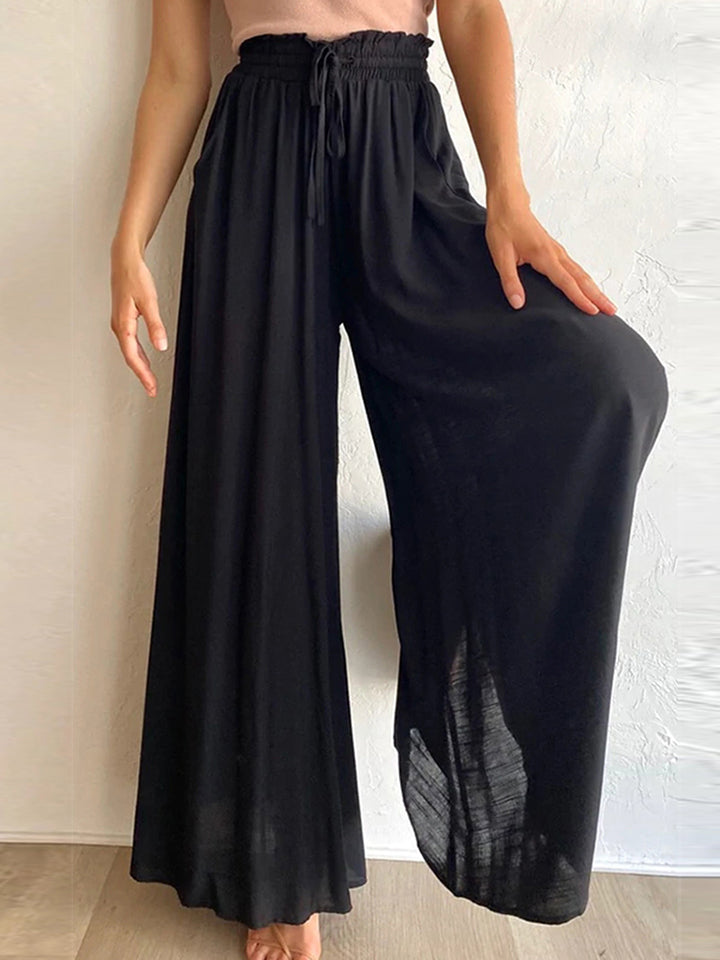 Drawstring waist wide leg pants, solid fashion style with tie.