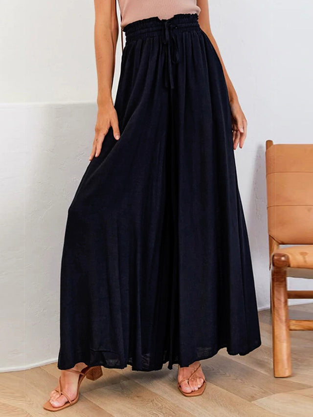 Drawstring waist wide leg pants, solid fashion style with tie.