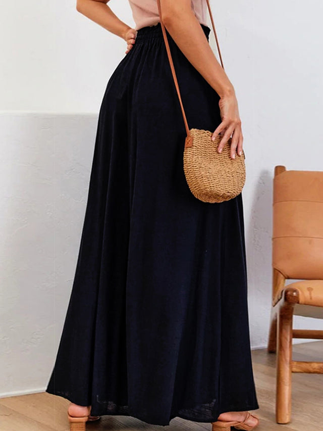 Drawstring waist wide leg pants, solid fashion style with tie.