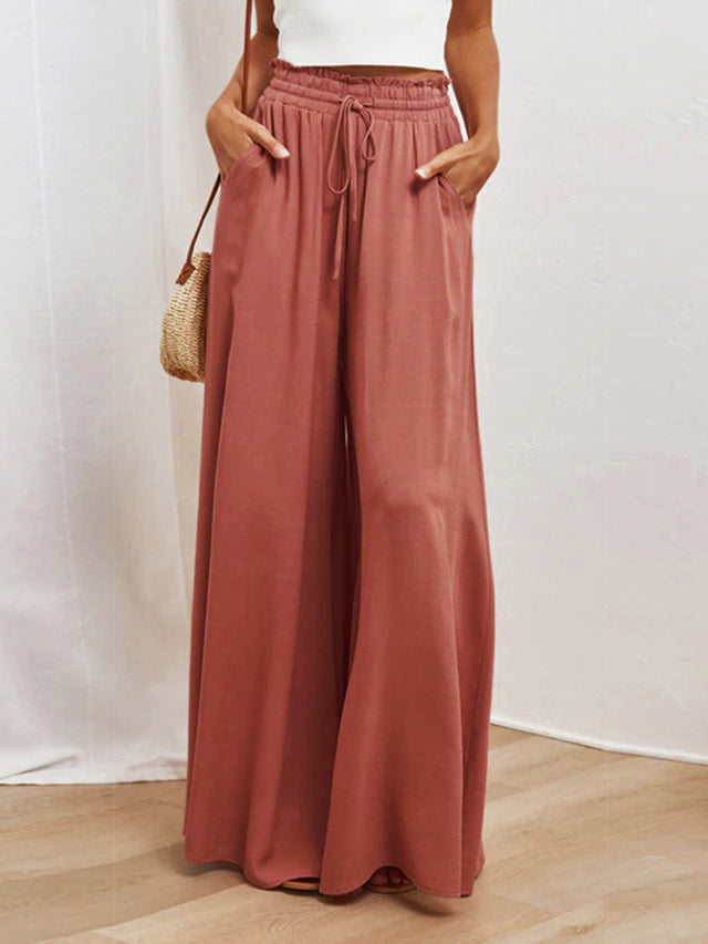 Drawstring waist wide leg pants, solid fashion style with tie.