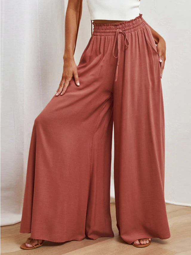 Drawstring waist wide leg pants, solid fashion style with tie.