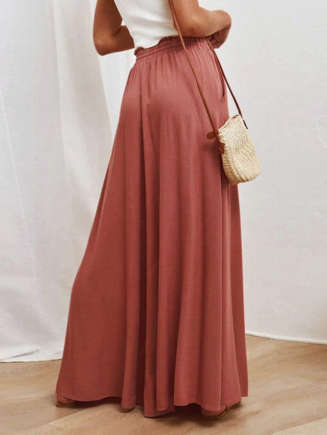 Drawstring waist wide leg pants, solid fashion style with tie.