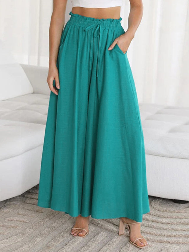 Drawstring waist wide leg pants, solid fashion style with tie.