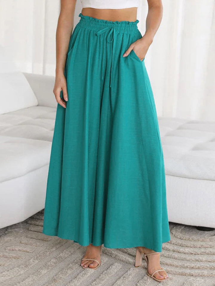 Drawstring waist wide leg pants, solid fashion style with tie.
