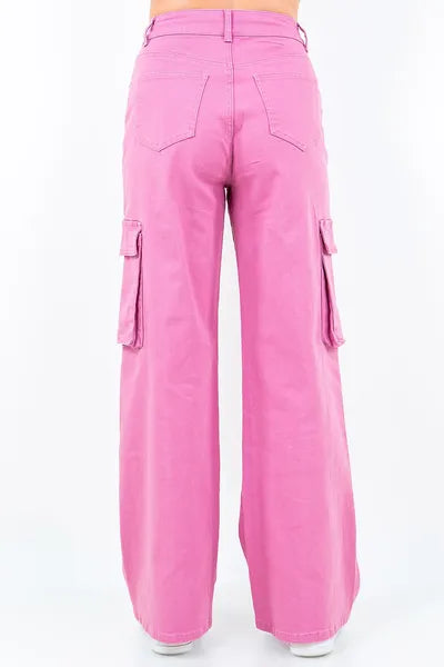 Drawstring wide leg cargo pants plus size with pockets, opaque.