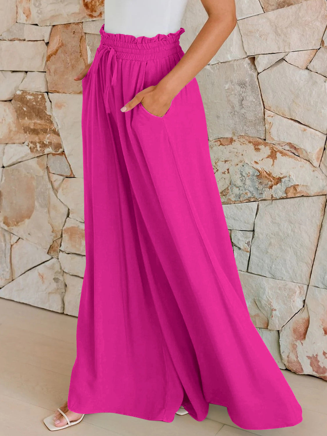 Drawstring wide leg pants with pockets, opaque.