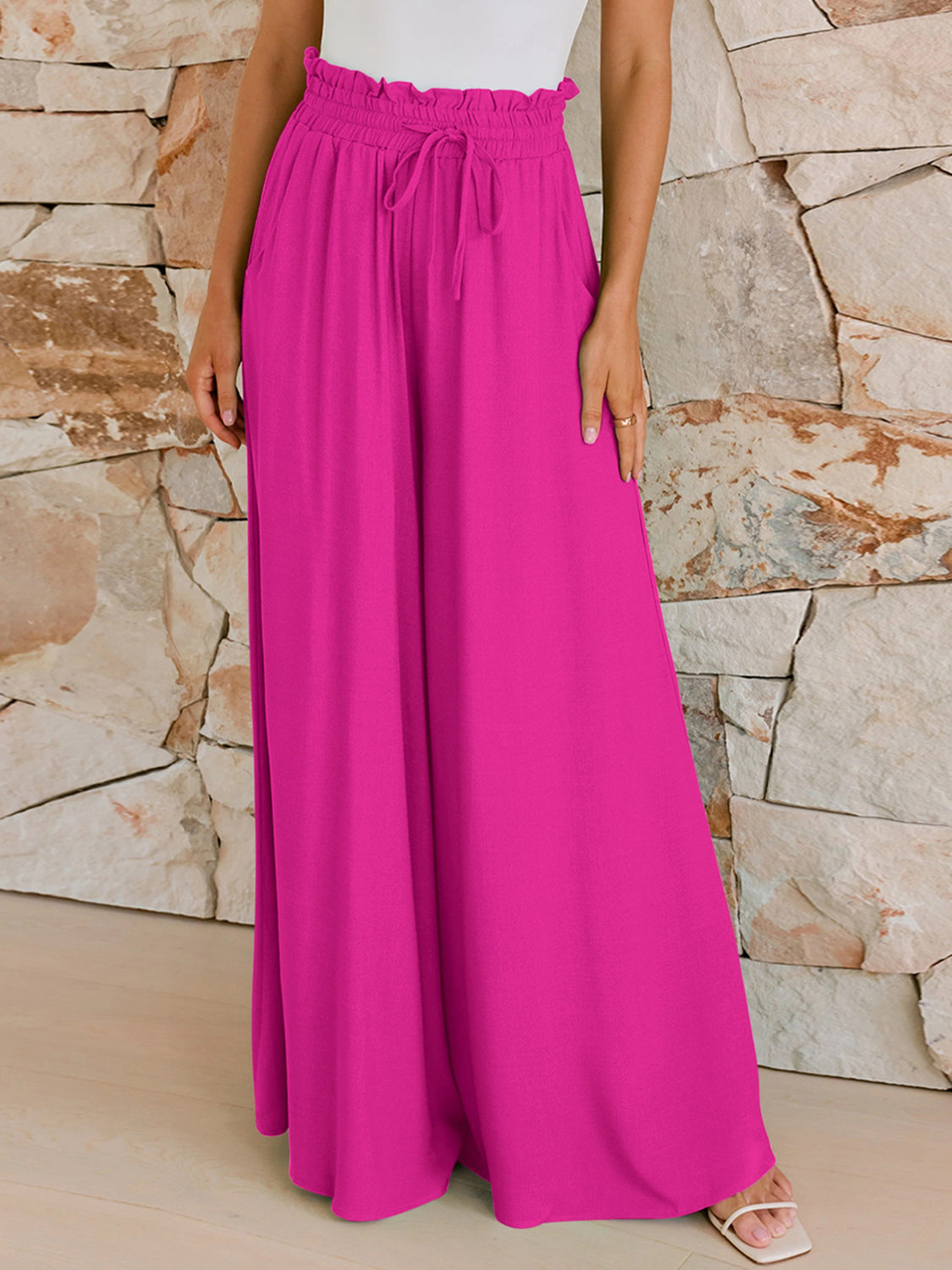 Drawstring wide leg pants with pockets, opaque.