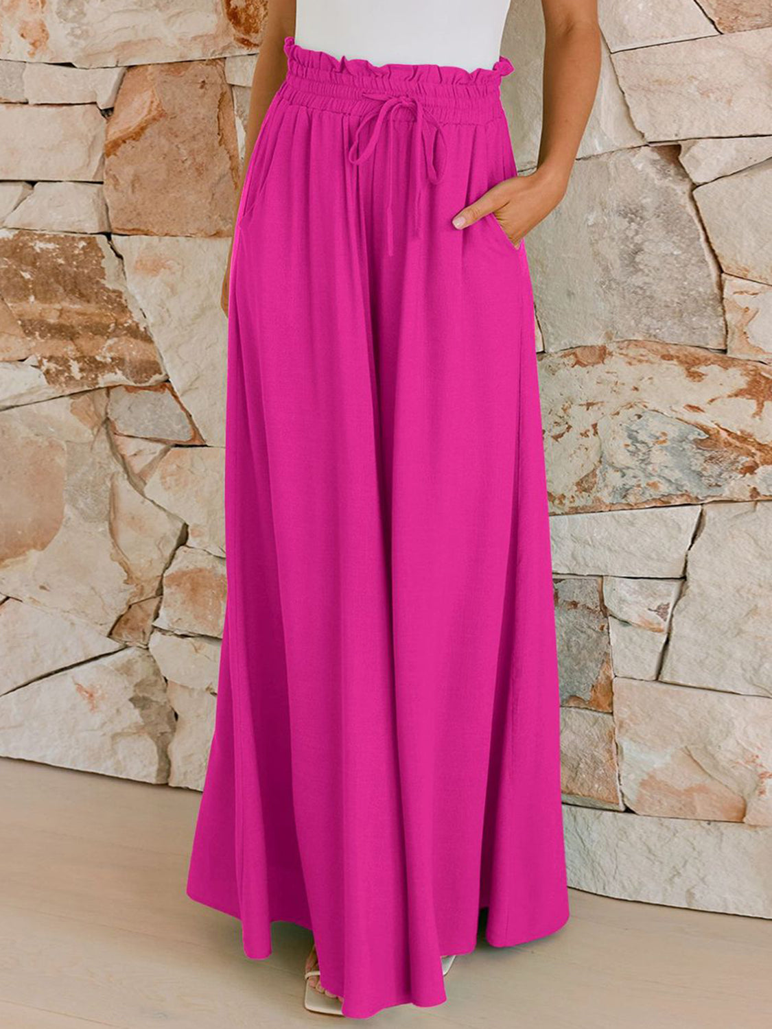 Drawstring wide leg pants with pockets, opaque.