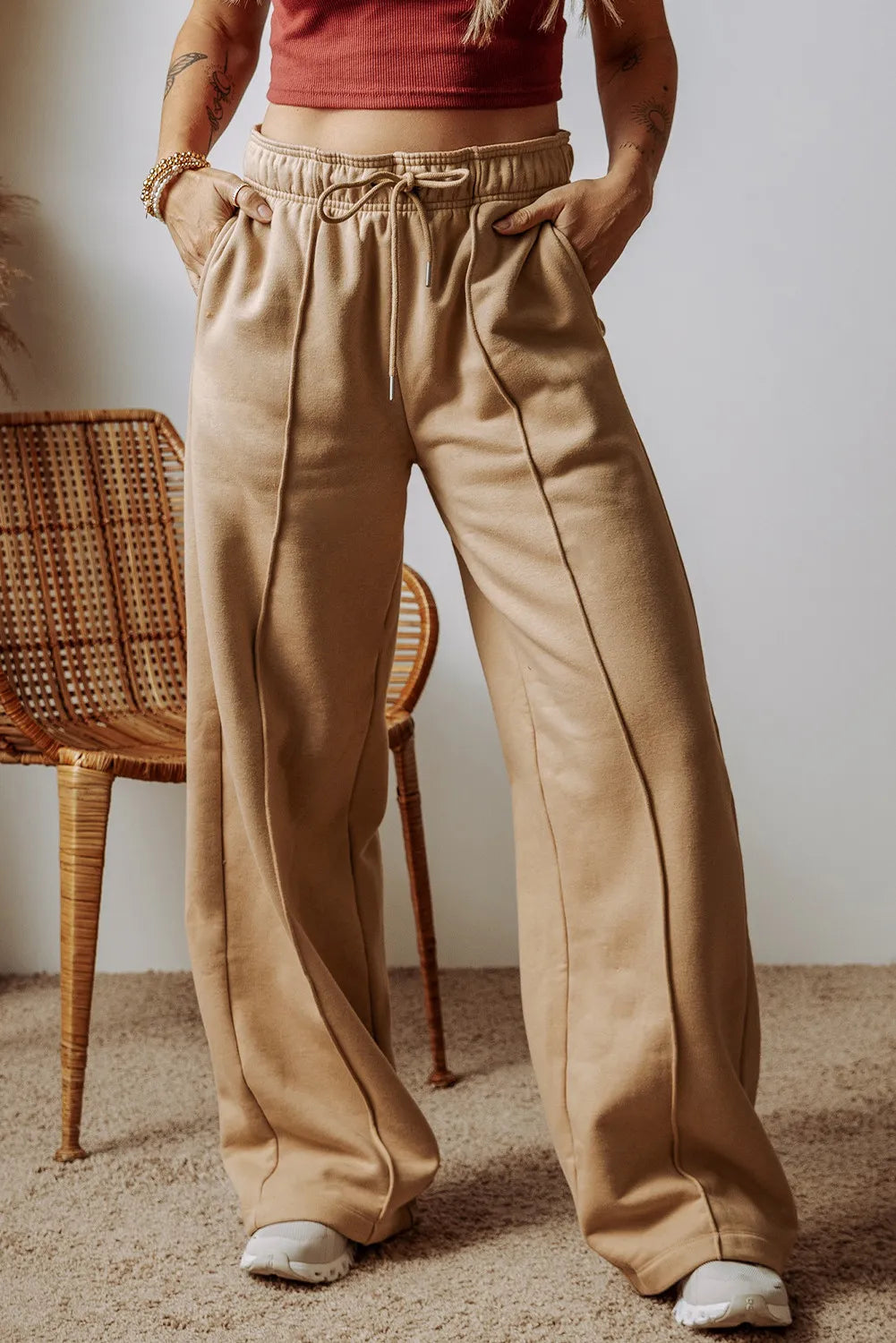 Drawstring wide leg pants with pockets, opaque.