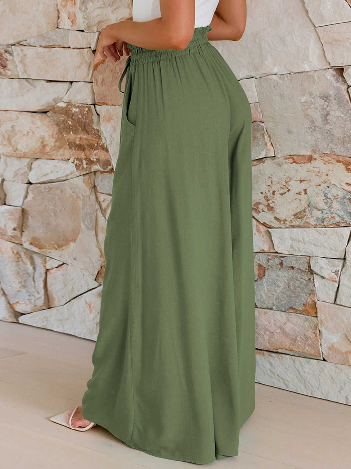 Drawstring wide leg pants with pockets, opaque.