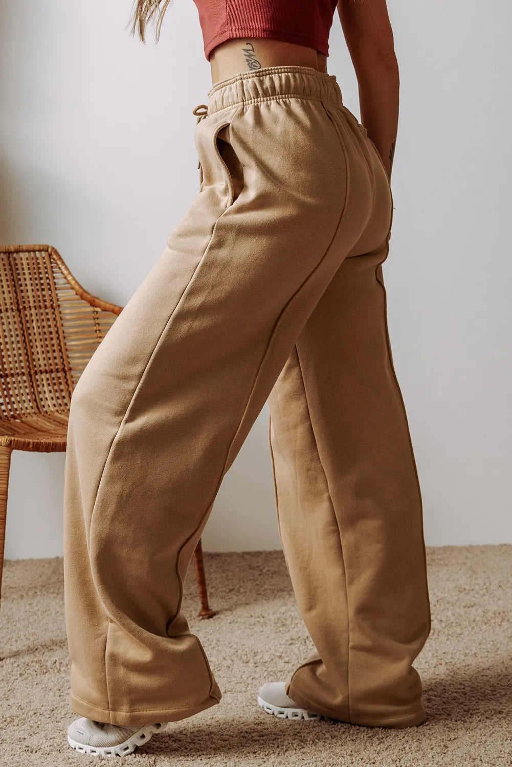 Drawstring wide leg pants with pockets, opaque.