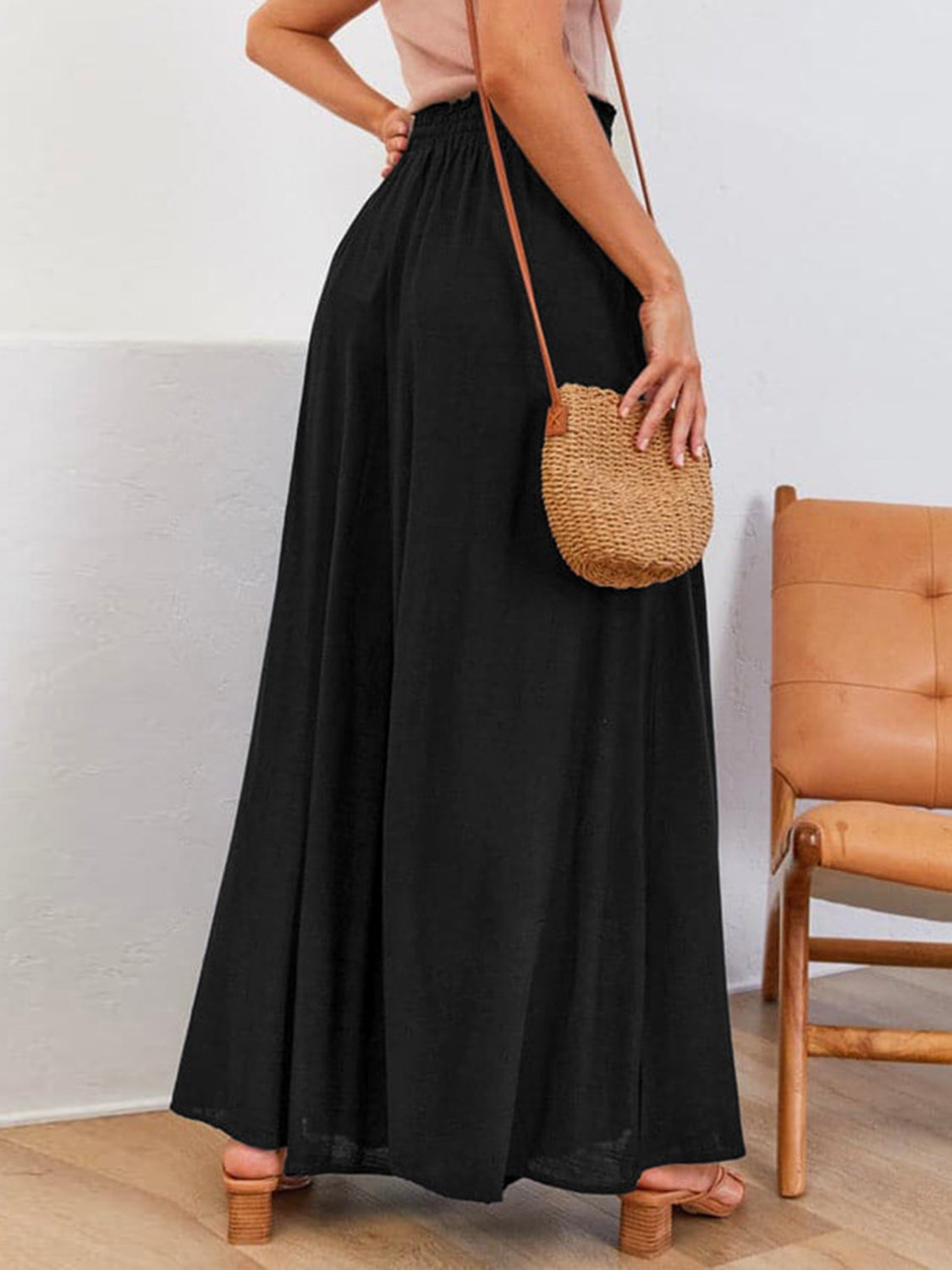 Drawstring wide leg pants with pockets, opaque.