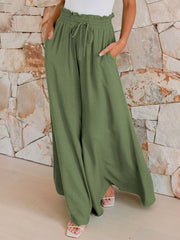 Drawstring wide leg pants with pockets, opaque.