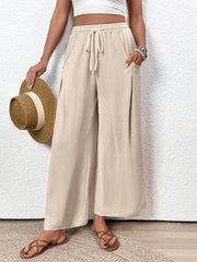 Drawstring wide leg pants with pockets, opaque.