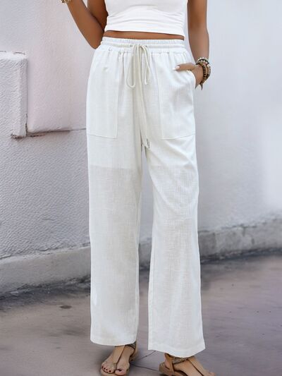 Drawstring wide straight pants with pockets, opaque.