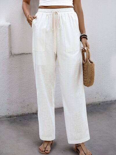 Drawstring wide straight pants with pockets, opaque.