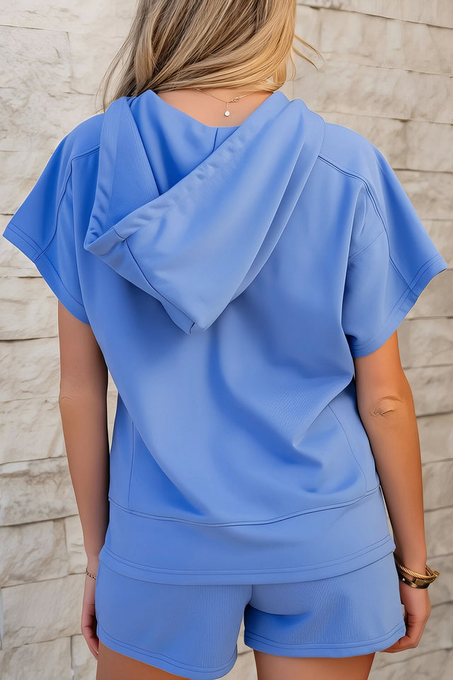 Drawstring zipped short sleeve hoodie and shorts set, women's sporty two-piece outfit, comfortable polyester cotton blend, chain detail, practical drawstring, slightly stretchy fabric, ideal for active or casual wear