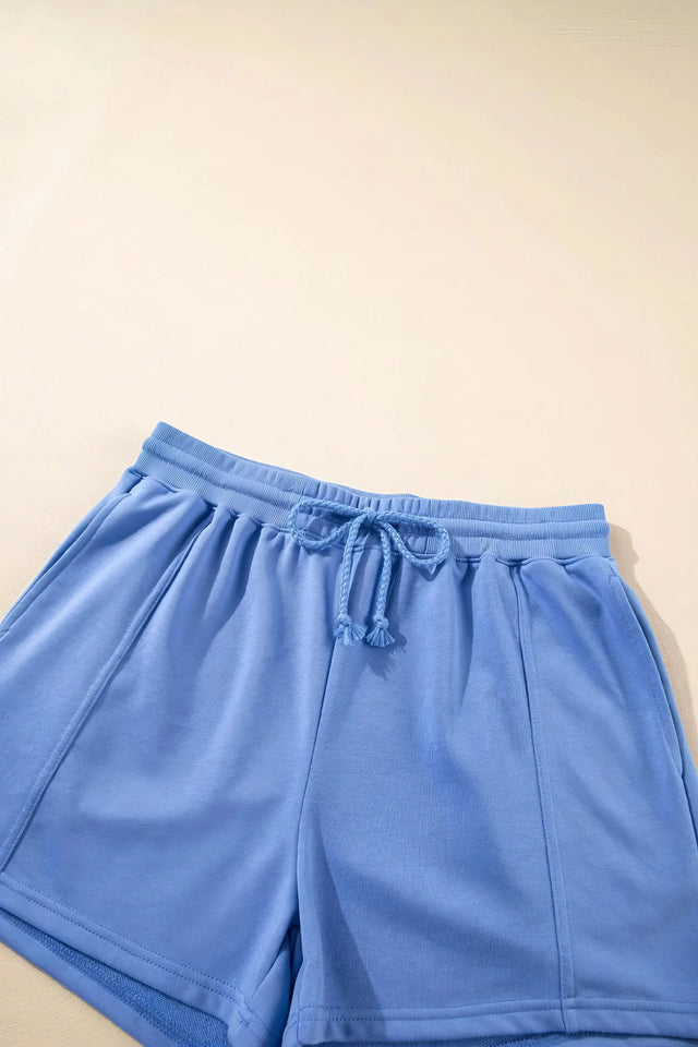 Drawstring zipped short sleeve hoodie and shorts set, women's sporty two-piece outfit, comfortable polyester cotton blend, chain detail, practical drawstring, slightly stretchy fabric, ideal for active or casual wear