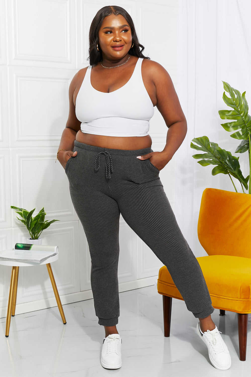 Easy living ribbed joggers with drawstring and pockets, cropped length, moderate stretch.