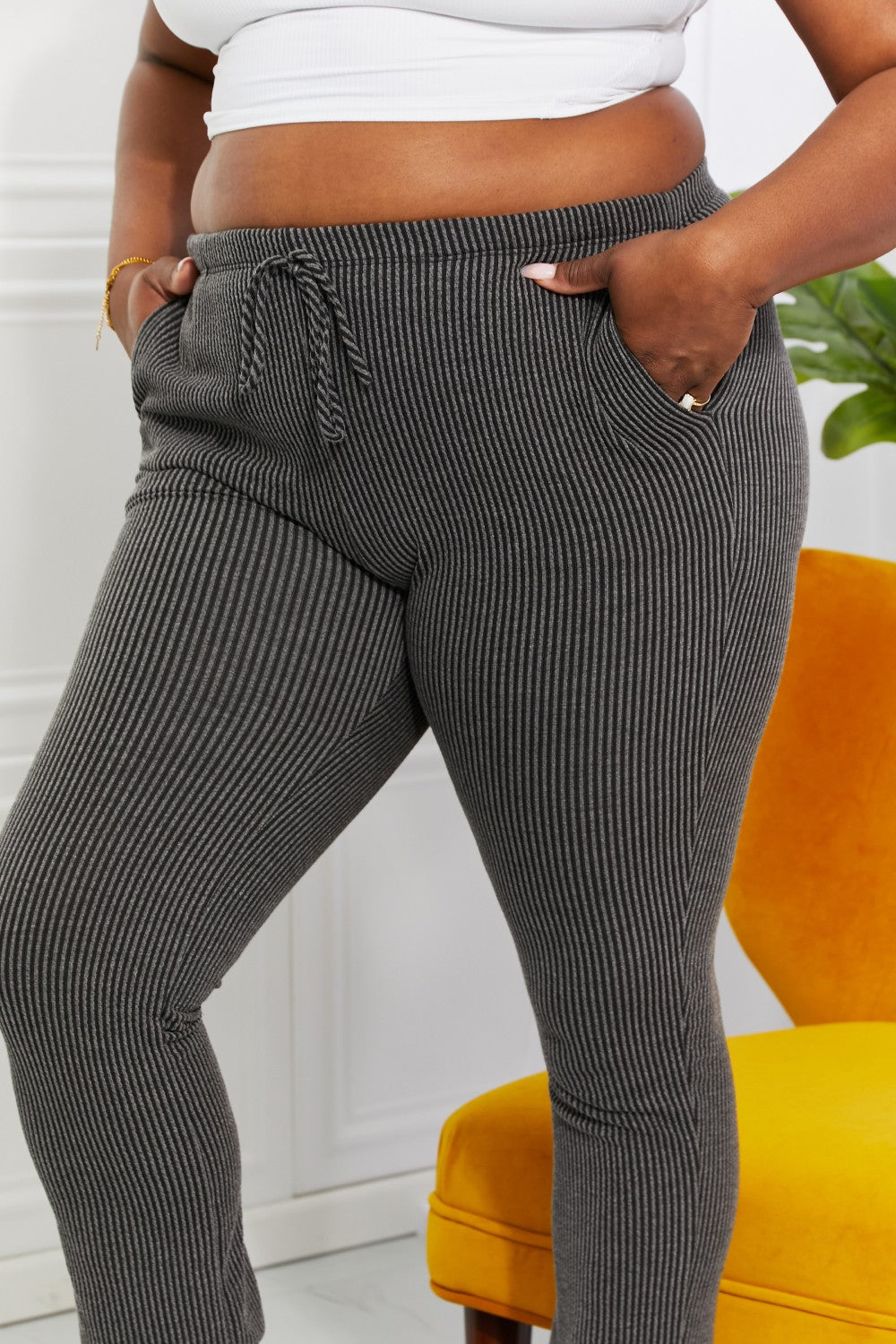 Easy living ribbed joggers with drawstring and pockets, cropped length, moderate stretch.