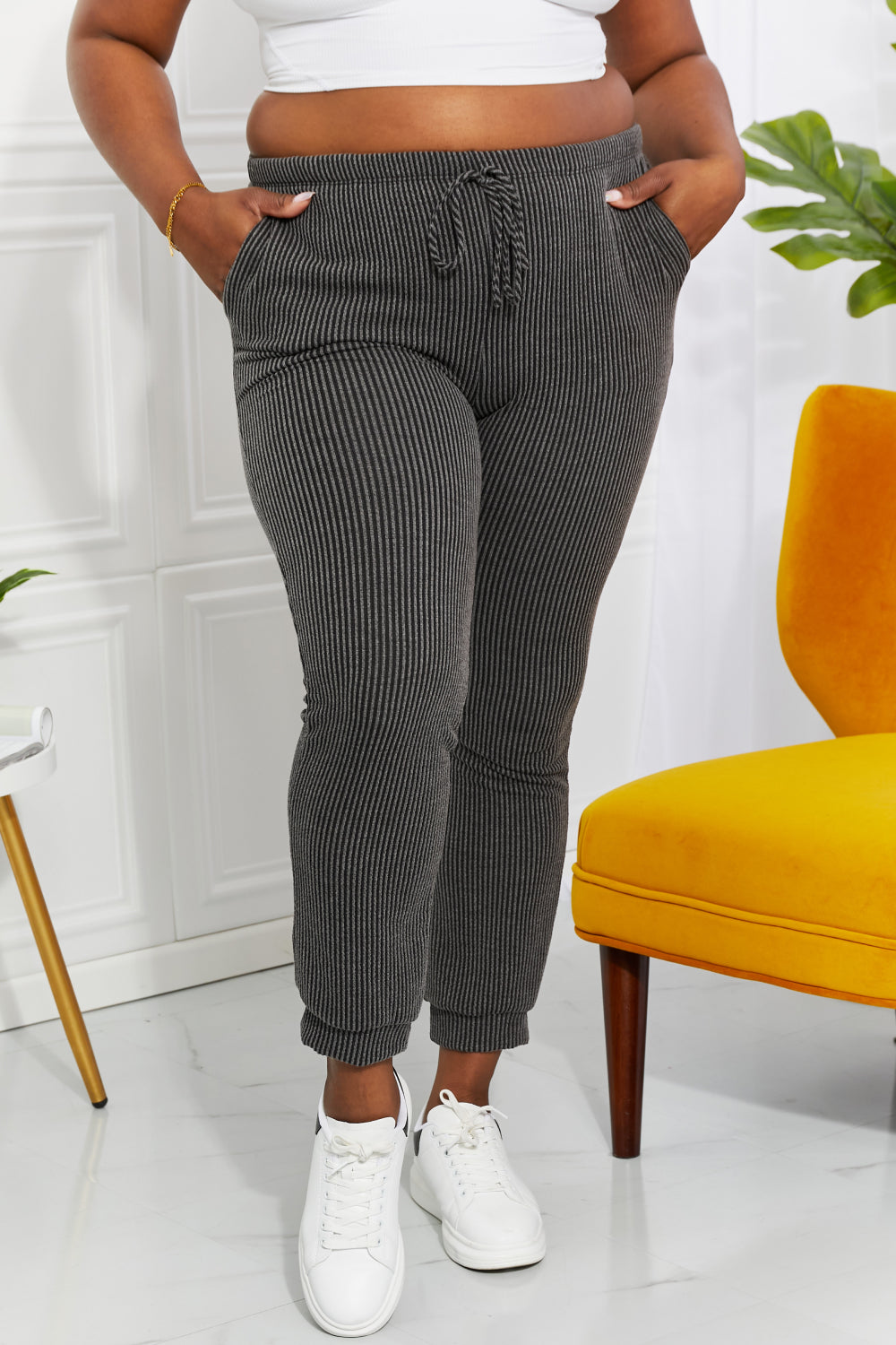 Easy living ribbed joggers with drawstring and pockets, cropped length, moderate stretch.