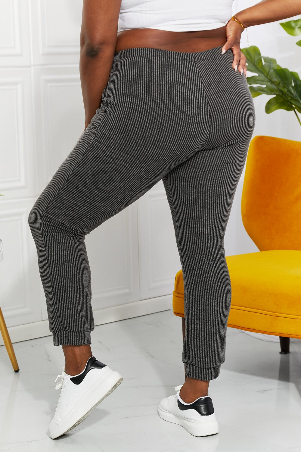 Easy living ribbed joggers with drawstring and pockets, cropped length, moderate stretch.