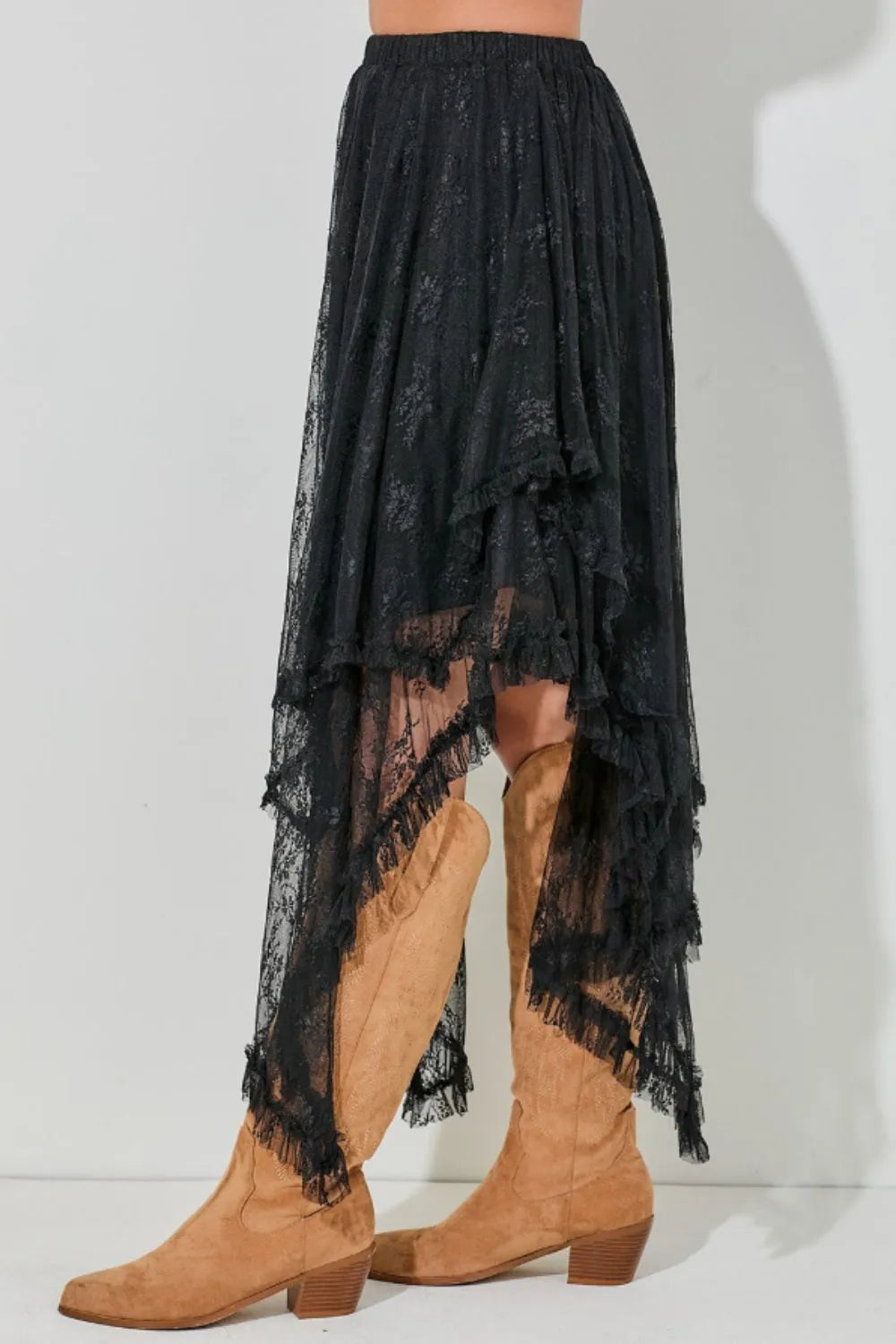 Elastic Waist Asymmetrical Lace Skirt.