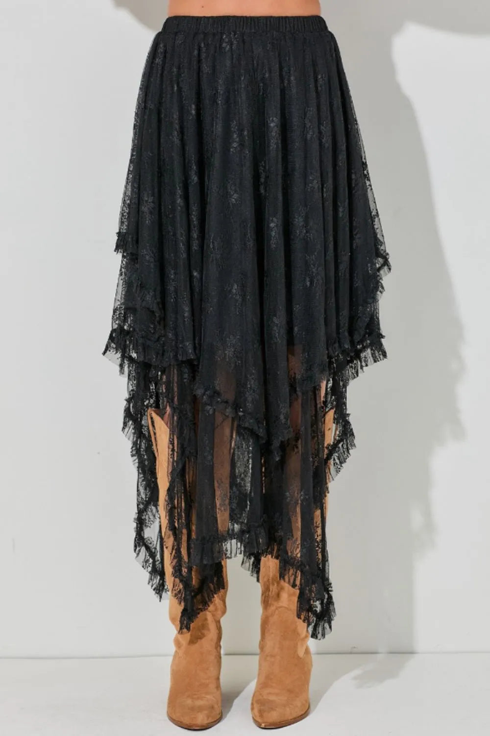 Elastic Waist Asymmetrical Lace Skirt.