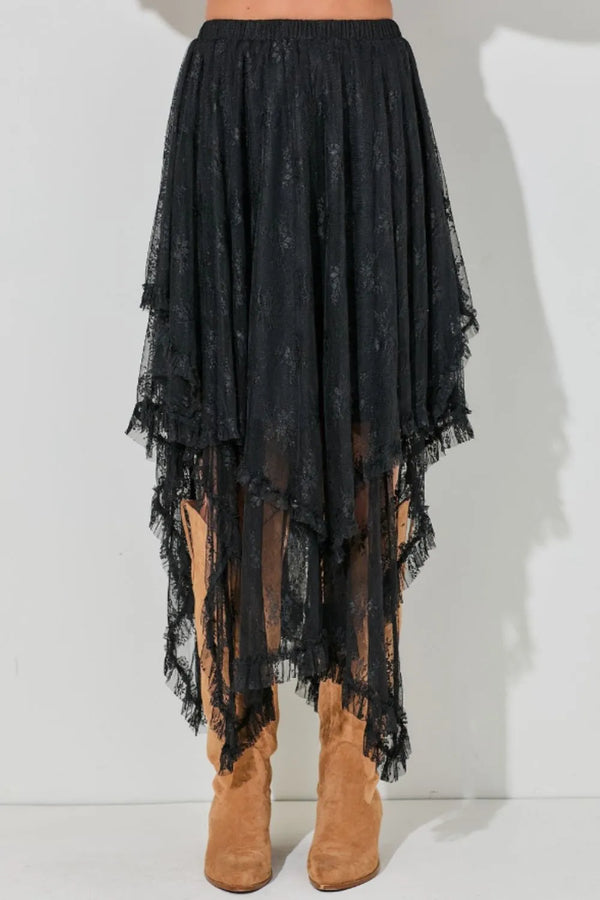 Elastic Waist Asymmetrical Lace Skirt.