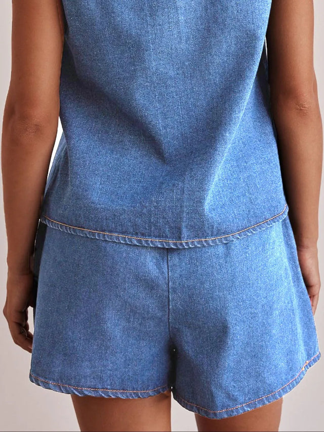 Elastic waist denim shorts with tie detail.