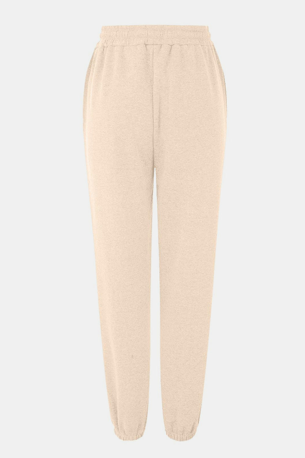 Elastic waist joggers with tie and pockets, opaque.