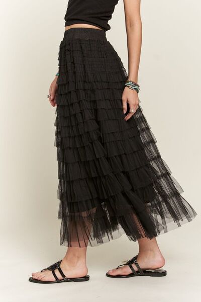 Adora Elastic Waist Layered Mesh Midi Skirt.