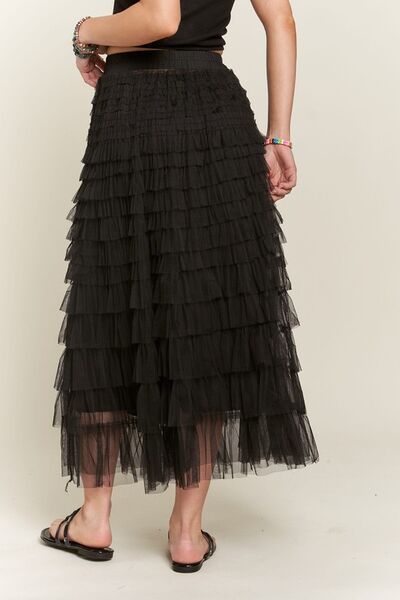 Adora Elastic Waist Layered Mesh Midi Skirt.