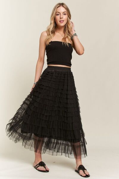 Adora Elastic Waist Layered Mesh Midi Skirt.