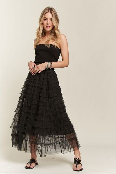 Adora Elastic Waist Layered Mesh Midi Skirt.