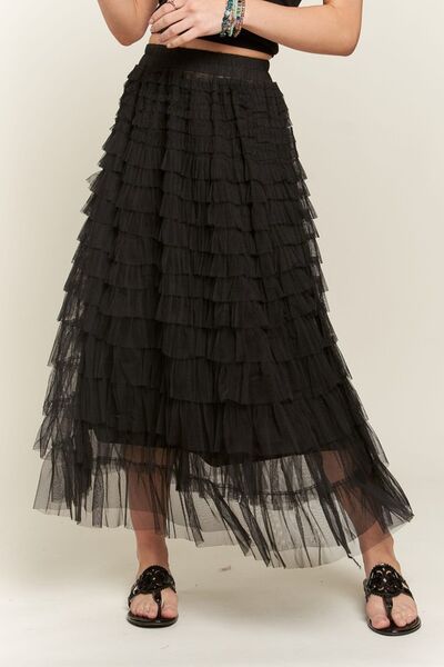 Adora Elastic Waist Layered Mesh Midi Skirt.
