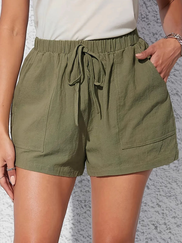 Elastic waist shorts with drawstring and pockets.